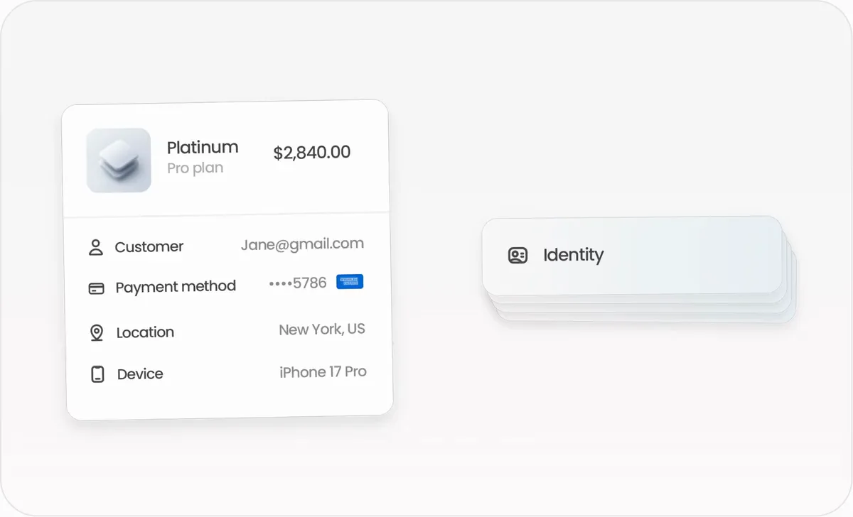 Customer payment details alongside identity, device, 3DS, and risk checks